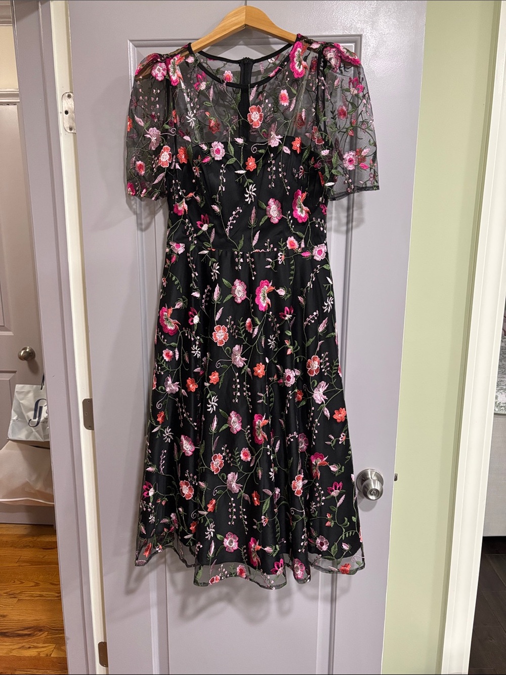 Eliza J Floral Embroidered Black Midi Dress with Pink Accents size 6